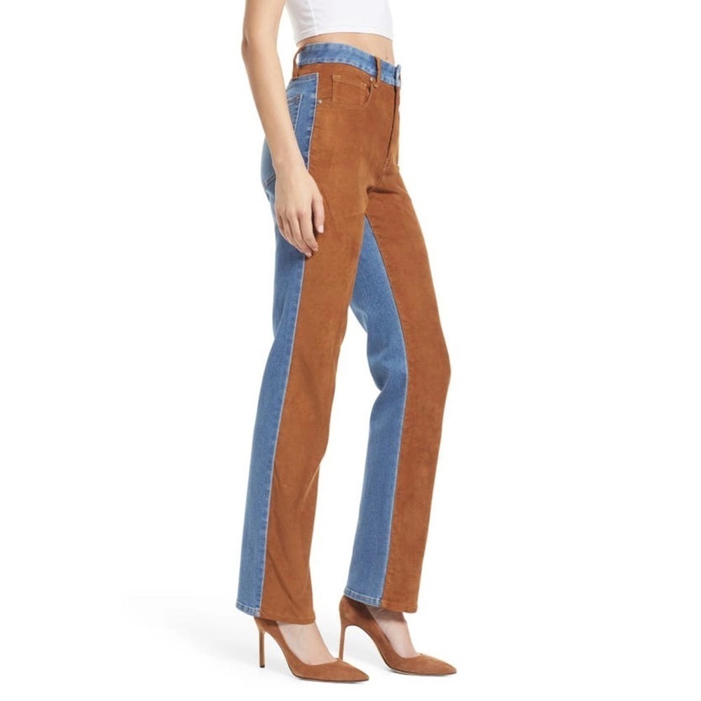 Nwt Good American Icon Mixed Media Denim & Faux Suede Pants In Indigo Western - Picture 3 of 11